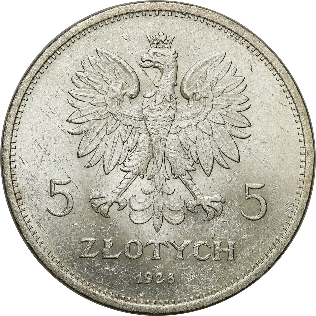 II RP. 5 złotych 1928 Nike ze znakiem mennicy - PIĘKNA